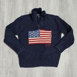 Vintage Polo Ralph Lauren Boys Youth American Flag Button Mock Neck Knit Sweater